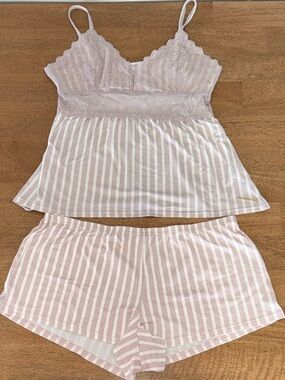BCBGMaxAzria Pink Striped Lace Cami Pajama Set Womens Large